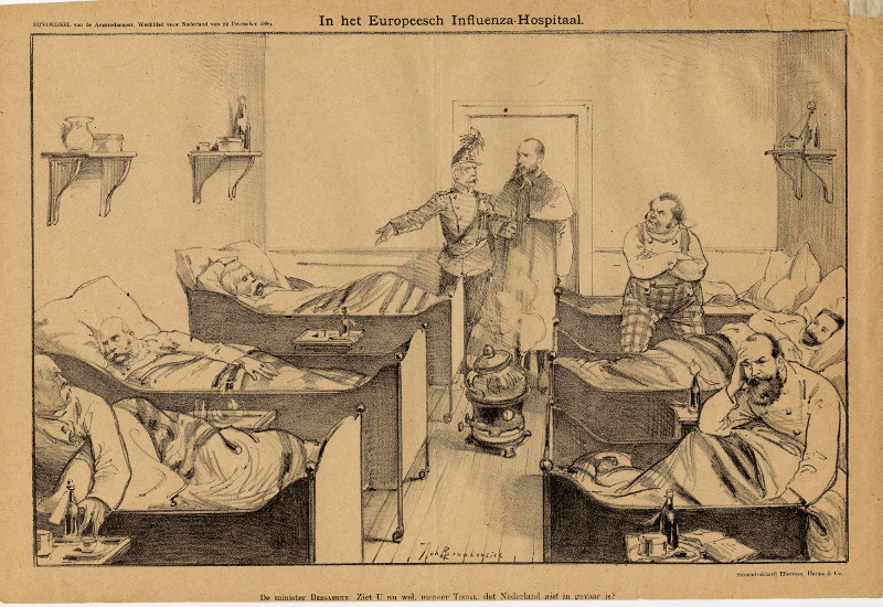 afbeelding van prent In het Europeesche Influenza Hospitaal van Johan Braakensiek