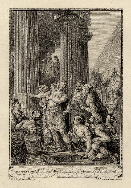 afbeelding van prent Hermes gravant sur les colonnes les élémens des sciences van B.L. Prevost & Helman, naar C.N. Cochin