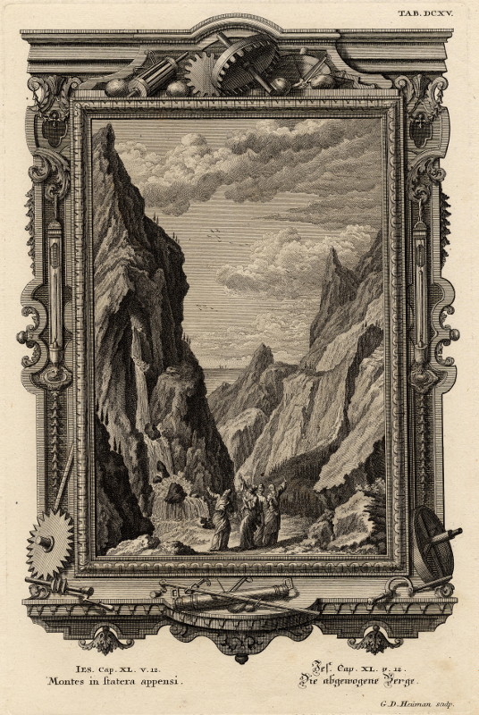 afbeelding van prent Montes in statera appensi - Die abgewogene Berge van G.D. Heuman