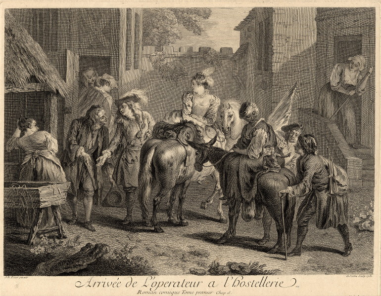 afbeelding van prent Arrivée de l´operateur a l´hostellerie van G. Scotin naar Jean-baptiste Joseph. Pater (Paard, )