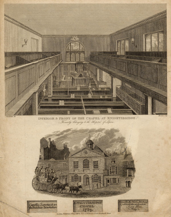 afbeelding van prent Interior & front of the chapel at Knightsbridge van B. Howlett, naar J. Schnebbelie (Londen, London)