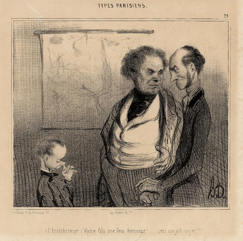 afbeelding van prent (L´Instituteur:) Votre fils me sera honneur! ... c´est un joli sujet!!! van Honoré Daumier