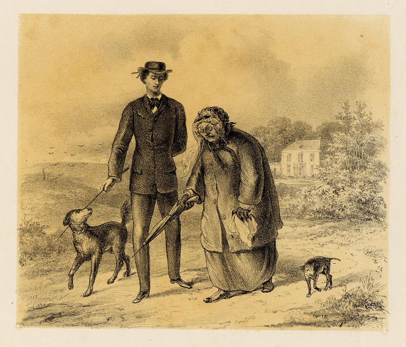 afbeelding van prent Student en oude vrouw maken wandeling van C.C.A. Last, naar A. Ver Huell