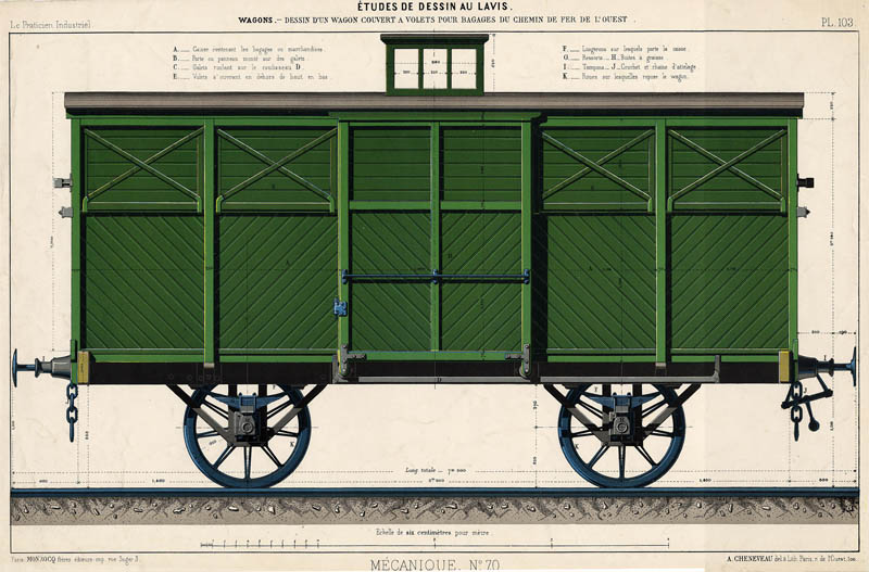 afbeelding van prent Wagons. Dessin d´un wagon couvert a volets pour bagages du chemin de fer de l�ouest van A. Cheneveau (Trein, )