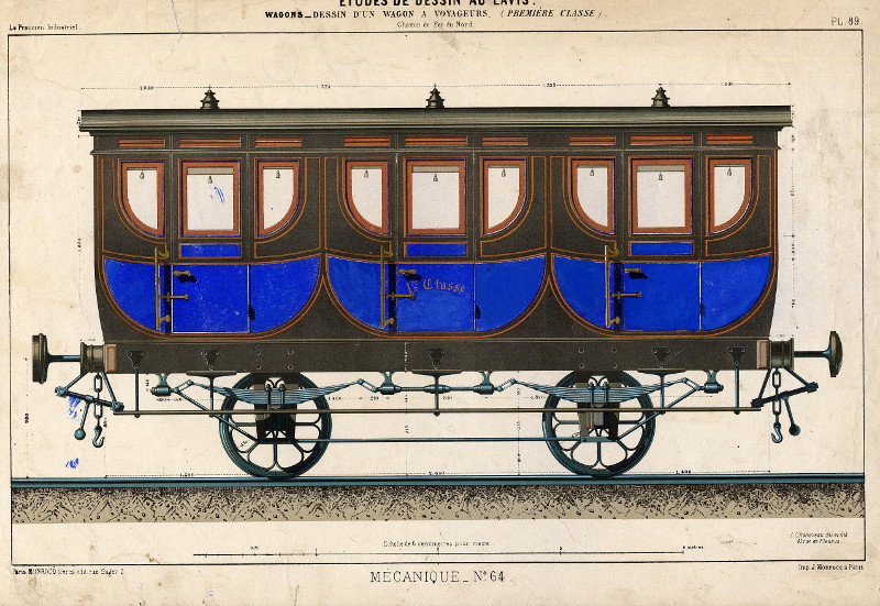 afbeelding van prent Wagons. Dessin d´un wagon a voyageurs (première classe) van A. Cheneveau (Trein, )