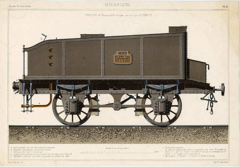 afbeelding van prent Tender du Chemin de Fer de Lyon, construit par M. Farcot van F.A. (Trein, )