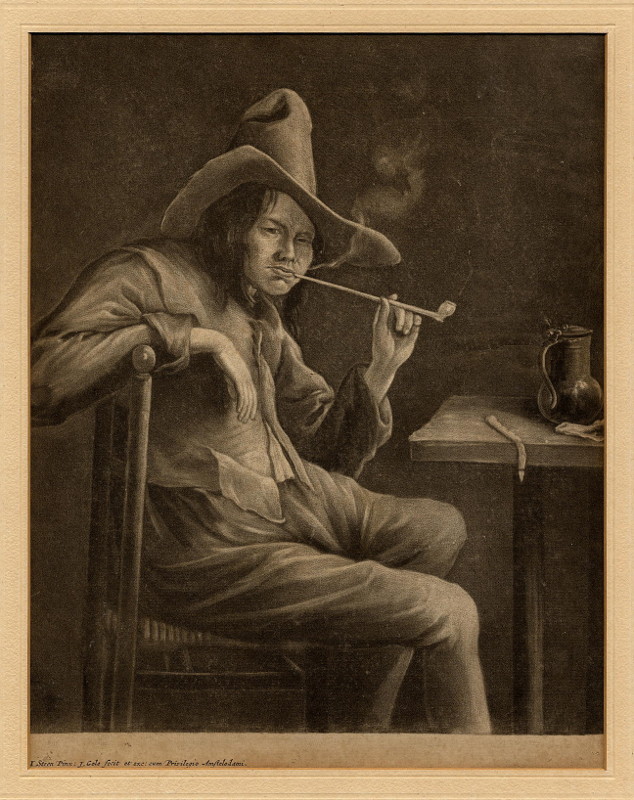 afbeelding van prent De reuk: pijprokende man van Jacob Gole, naar Jan Havicksz. Steen