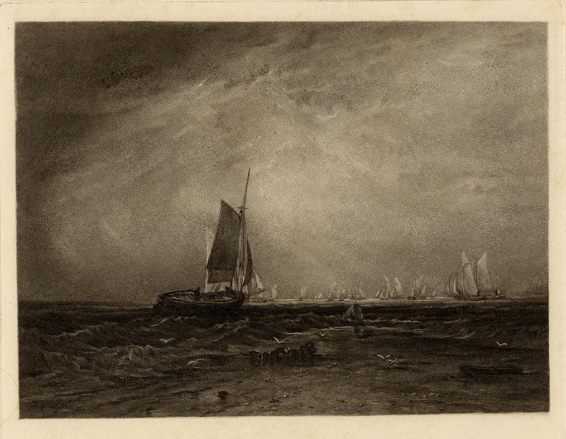 afbeelding van prent Fishing upon the Blythe-Sand, Tide Setting In van Alfred Brunet-Debaines, naar William Turner (Schip, )