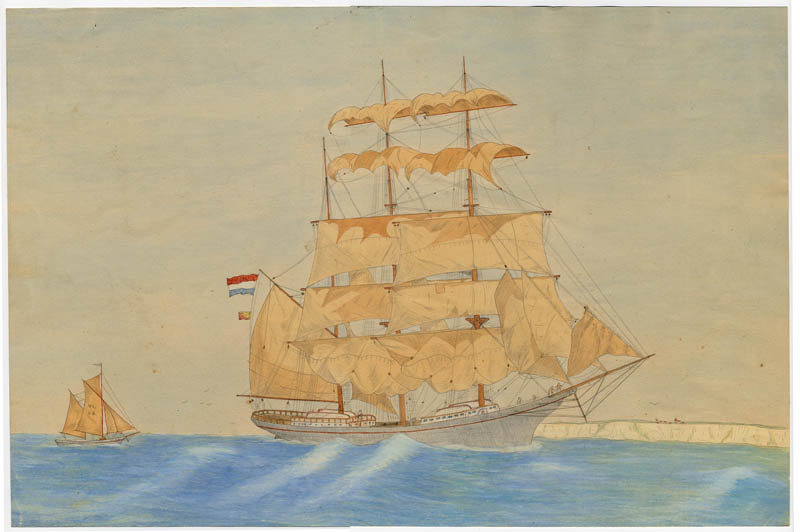 afbeelding van prent Twee zeilschepen voor de kust van Dover van nn (Schip, )