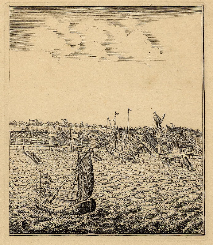 afbeelding van prent Gezicht op Rotterdam vanaf de Maas (rechterkant) van Romeyn de Hooghe (Schip, )