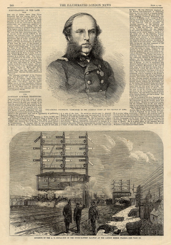 afbeelding van prent Vice-Admiral Tegethoff; Exterior of the A.B. signal-box van nn (Trein, )