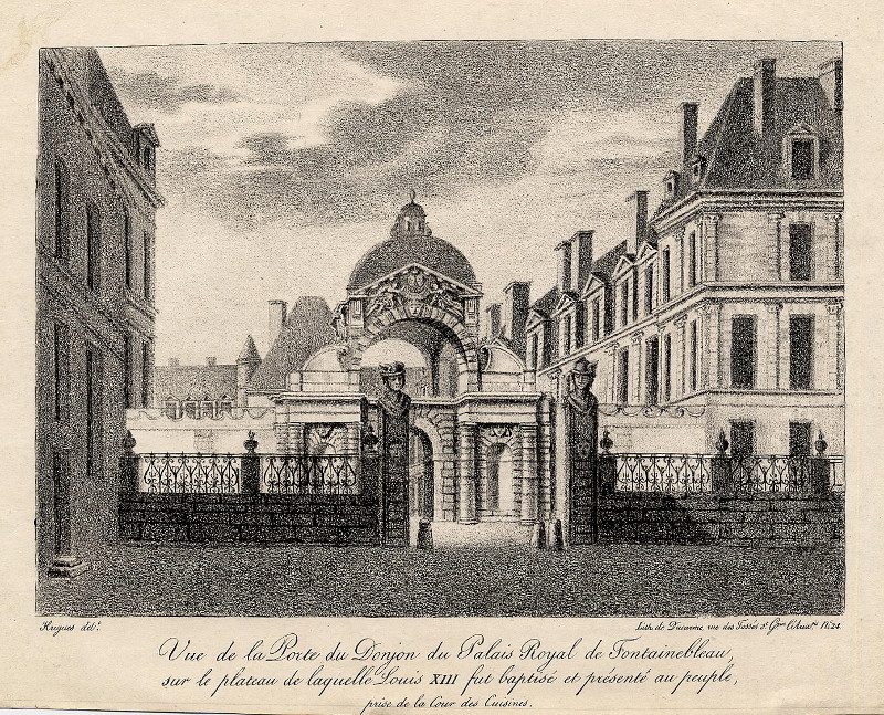 afbeelding van prent Vue de la Porte du Donjon du Palais Royal de Fontainebleau van Ducarme, naar Hugues (Fontainebleau)