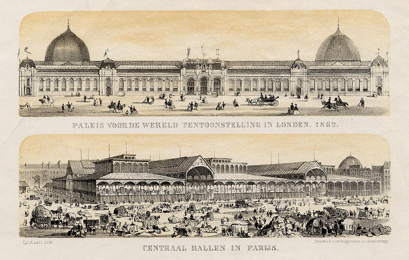 afbeelding van prent Paleis voor de wereld tentoonstelling in Londen, 1862; Centraal hallen in Parijs van C.C.A. Last