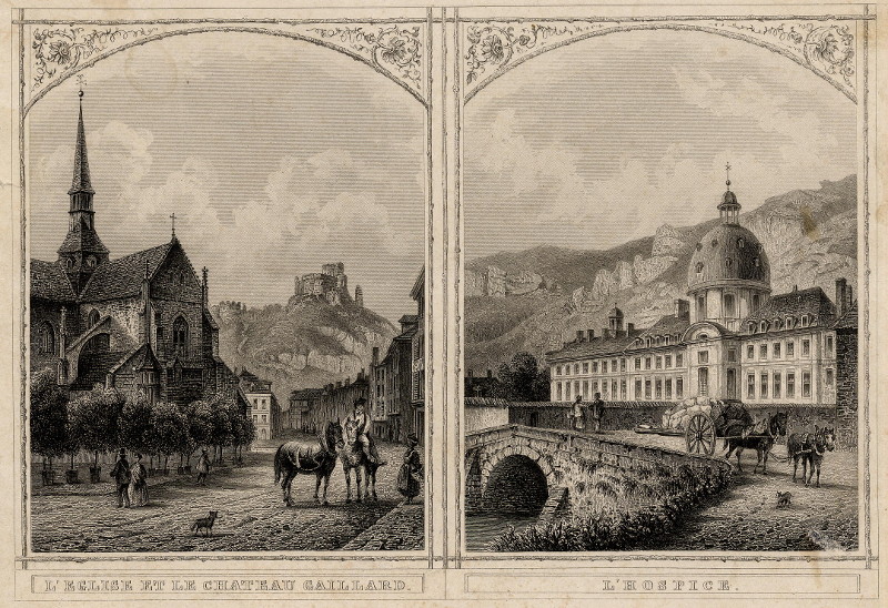 afbeelding van prent L´eglise et le chateau Gaillard, l´hospice van Chr. Steinieken, naar L. Robock (Les Andelys)