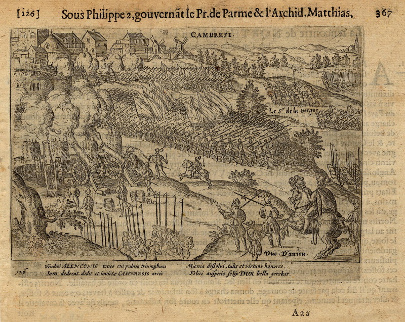 afbeelding van prent Sous Philippe 2, gouvernat le Pr. de Parme & l´Archid. Matthias, van Willem Baudartius (Cambrésis)