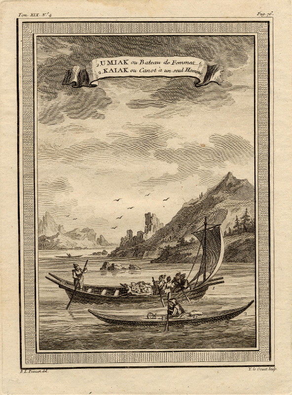 afbeelding van prent Umiak ou bateau de femme, Kaiak ou canot  un seul homme van Y. le Gouat, B.L. Prevost (Schip, , )