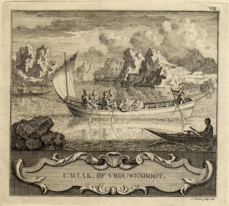 afbeelding van prent Umiak, of vrouwenboot van J. Swertner (Schip, )