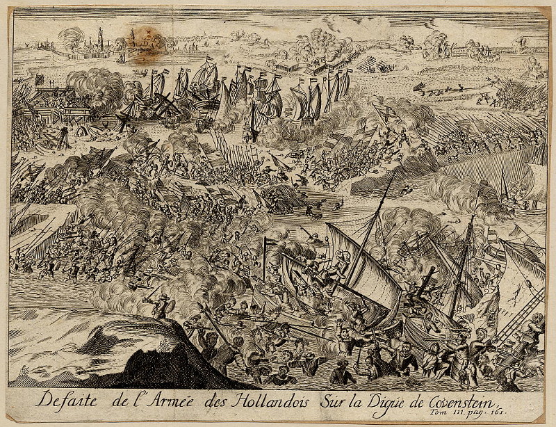 afbeelding van prent Defaite de l´armée des Hollandois sur la digue de Covenstein van L. Causé naar R. de Hooghe (Antwerpen)
