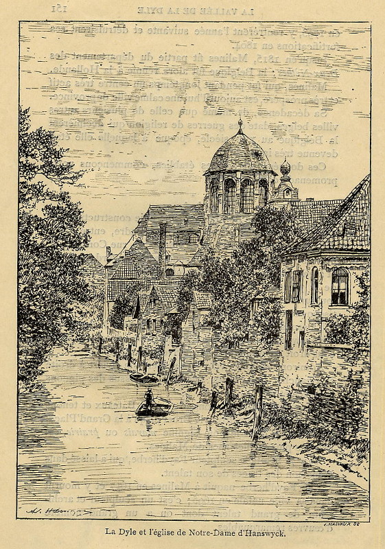 afbeelding van prent La Dyle et l´église de Notre-Dame d´Hanswyck van J. Malvaux (Mechelen)