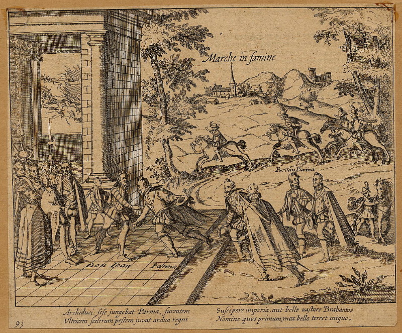 afbeelding van prent Don Juan ontvangt de Hertog van Parma van Willem Baudartius (Adel,)