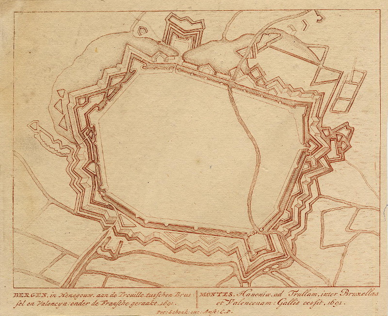 afbeelding van plattegrond Bergen, in Henegouw, aan de Trouille van Pieter Schenk (I) (Bergen)