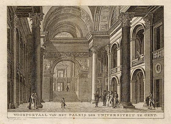 afbeelding van prent Voorportaal van het paleis der universiteit te Gent van Velijn, naar P.J. Goetghebuer (Gent)