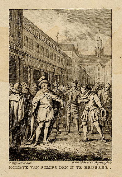 afbeelding van prent Komste van Filips den II te Brussel van R. Vinkeles & C. Bogerts naar J. Buys (Adel,)