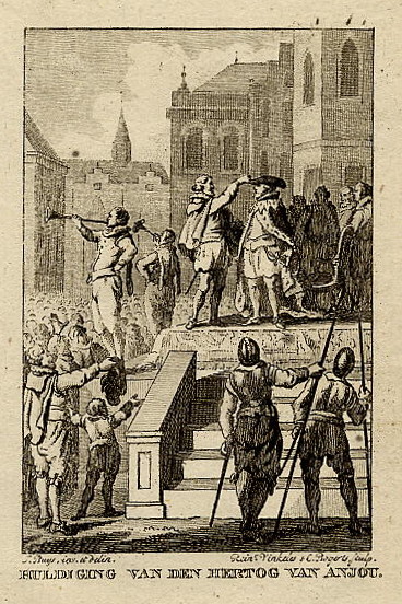afbeelding van prent Huldiging van den Hertog van Anjou van R. Vinkeles & C. Bogerts naar J. Buys (Adel,)