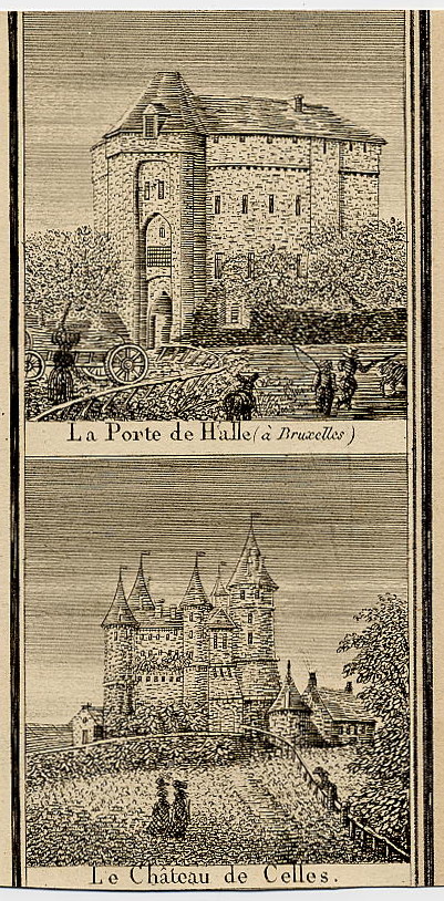 afbeelding van prent La Porte de Halle (a Bruxelles), Le Chateau de Celles van 1850ca (Brussel, Houyet)