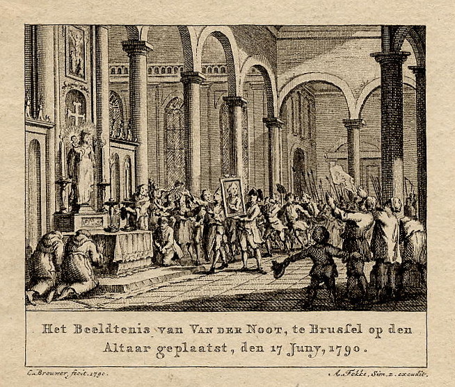 afbeelding van prent Het Beeldtenis van Van der Noot, te Brussel op den Altaar geplaatst, den 17 Juny, 1790 van A. Fokke Simonz naar C. Brouwer (Brussel)