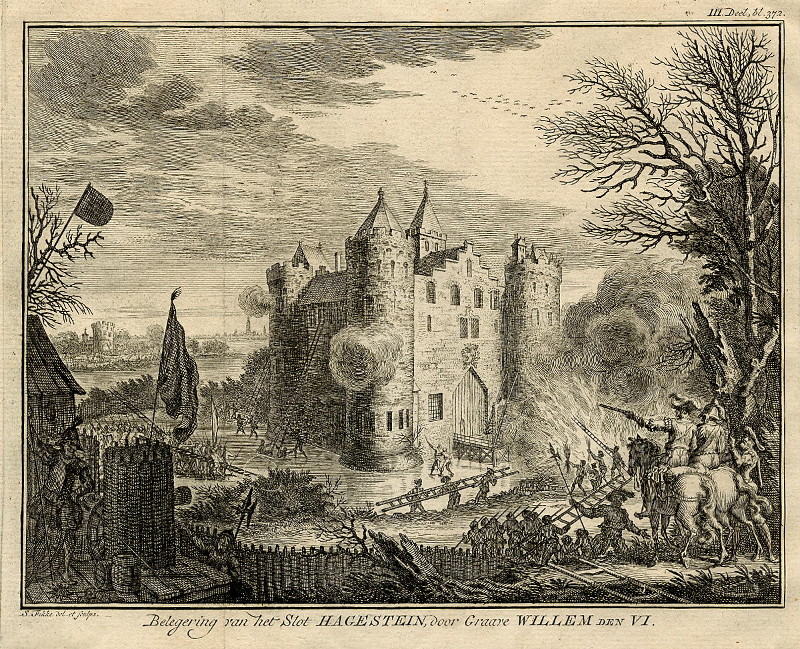 afbeelding van prent Belegering van het Slot Hagestein, door Graave Willem den VI van Simon Fokke (Hagestein)