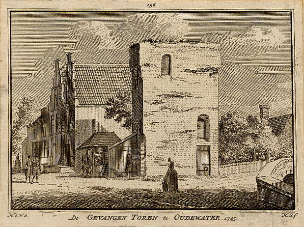 afbeelding van prent De Gevangen Toren te Oudewater 1745 van H. Spilman naar H. de Wit (Oudewater)
