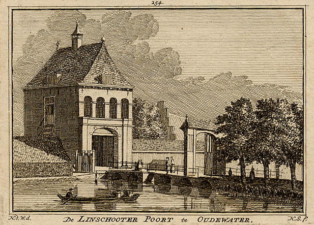 afbeelding van prent De Linschooter poort te Oudewater van H. Spilman naar H. de Wit (Oudewater)