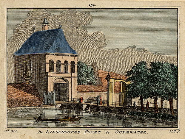 afbeelding van prent De Linschooter poort te Oudewater van H. Spilman naar H. de Wit (Oudewater)