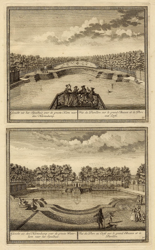 afbeelding van prent Gezicht uit het speelhuis over de groote Kom/ Gezicht uit den Hartenkamp over de groote Waterkom van H. de Leth (Velsen)