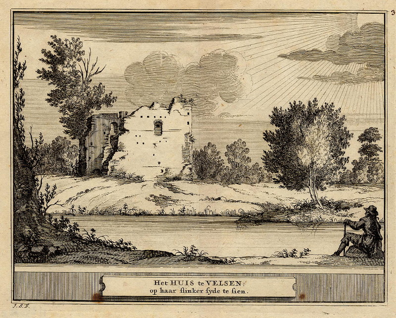 afbeelding van prent Het huis te Velsen; op haar linkerzijde te zien van Jacobus Schijnvoet (Velsen)