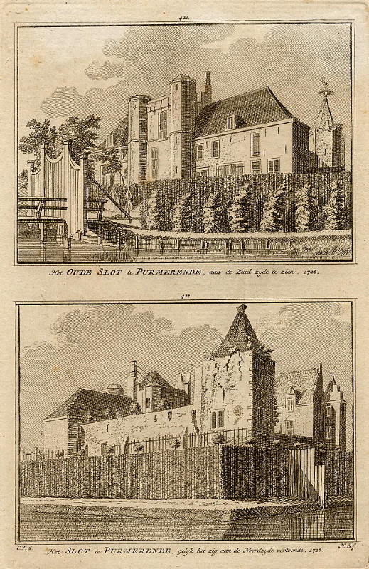 afbeelding van prent Het Oude Slot te Purmerende, aan de zuidzijde te zien / gelijk het zig aan de noordzijde vertoonde van H. Spilman en C. Pronk (Purmerend)