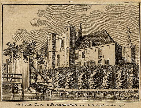 afbeelding van prent Het oude slot te Purmerende, aan de zuidzijde te zien, 1726 van H. Spilman en C. Pronk (Purmerend)