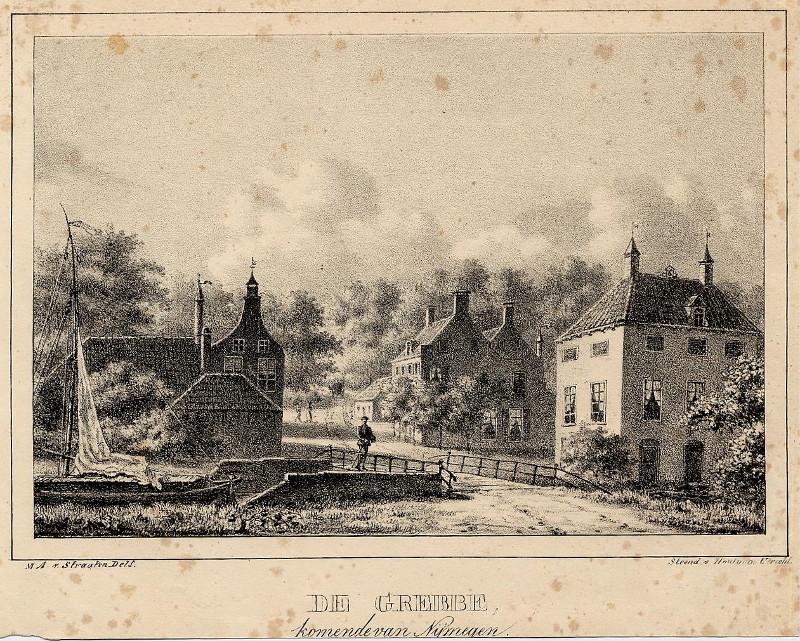 afbeelding van prent De Grebbe, komende van Nijmegen van M.A. van Straaten (Rhenen)