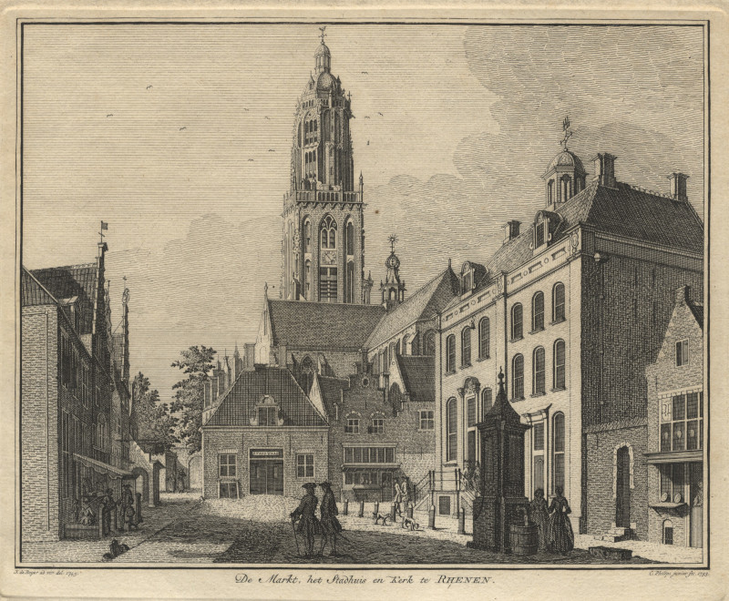 afbeelding van prent De markt, het stadhuis en kerk te Rhenen van C. Philips naar J. de Beyer (Rhenen)