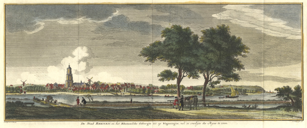 afbeelding van prent De stad Rhenen en het Rhenensche gebergte tot op Wageningen, van de overzijde des Rijns gezien van J.C. Philips naar J. de Beijer (Rhenen)