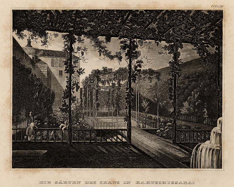 afbeelding van prent Die Gärten des Chans in Baktschissarai van nn (Bachtsjysaraj)