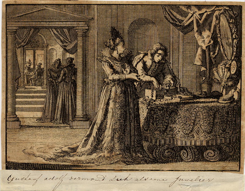 afbeelding van prent Vermomd als juwelier brengt Gustaaf Adolf zijn eerste bezoek aan zijn verloofde Maria Eleonora van B van nn