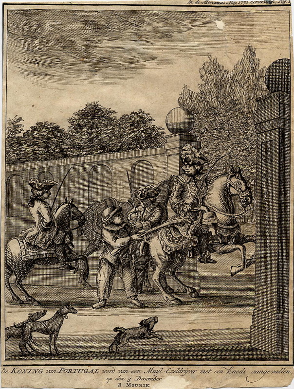 afbeelding van prent De Koning van Portugal word van een Muyl-Ezeldrijver met een knods aangevallen van Bernardus Mourik (Adel, )