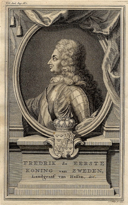 afbeelding van prent Fredrik de Eerste, Koning van Zweden, Landgraaf van Hessen etc.  van J.C. Philips (Adel, )