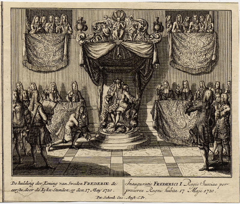 afbeelding van prent De hulding der Koning van Sweden Frederik de eerste, door de Rykx-Stenden, op den 17 May 1720 van Petrus Schenk (Adel, )