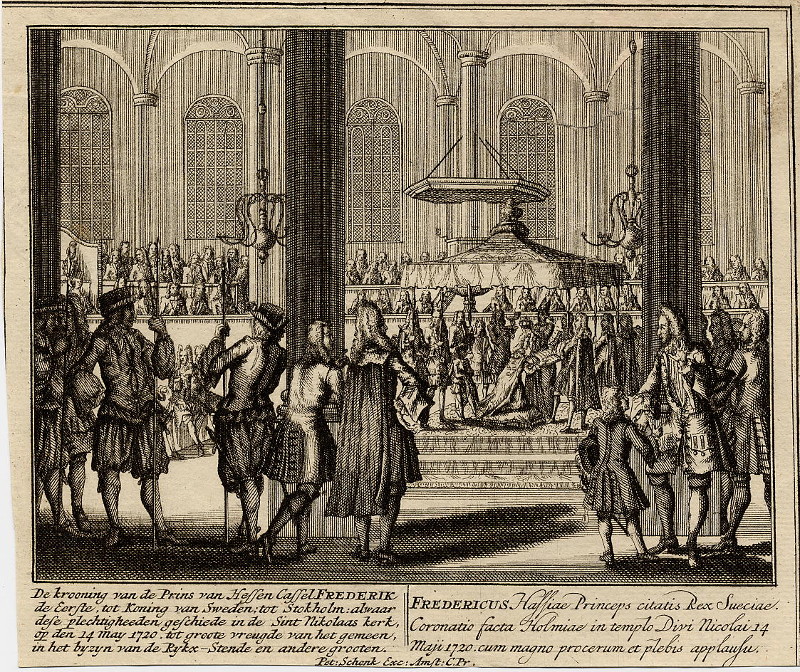 afbeelding van prent De krooning van de Prins van Hessen Cassel Frederik de Eerste van Petrus Schenk (Adel, )