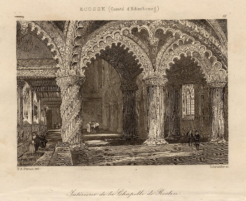 afbeelding van prent Intérieur de la Chapelle de Roslin van F.A. Pernot, Schroeder (Edinburgh)