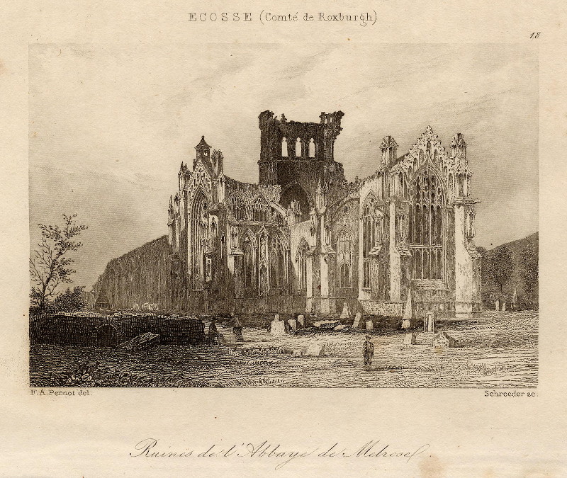 afbeelding van prent Ruines de l´Abbaye de Melrose van F.A. Pernot, Schroeder (Melrose)
