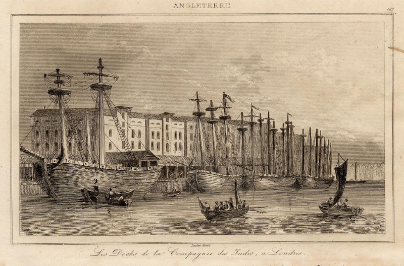 afbeelding van prent Les Docks de la Compagnie des Indes, à Londres van Lemaitre (Londen, London)